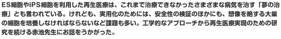 ES細胞やiPS細胞を利用した再生医療は、これまで治療できなかったさまざまな病気を治す「夢の治療」とも言われている。けれども、実用化のためには、安全性の検証のほかにも、想像を絶する大量の細胞を培養しなければならないなど課題も多い。工学的なアプローチから再生医療実現のための研究を続ける赤池先生にお話をうかがった。