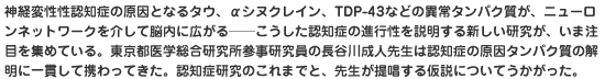 神経変性性認知症の原因となるタウ、αシヌクレイン、TDP-43などの異常タンパク質が、ニューロンネットワークを介して脳内に広がる──こうした認知症の進行性を説明する新しい研究が、いま注目を集めている。東京都医学総合研究所参事研究員の長谷川成人先生は認知症の原因タンパク質の解明に一貫して携わってきた。認知症研究のこれまでと、先生が提唱する仮説についてうかがった。