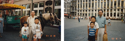 留学時代の家族との思い出の写真から。左は旅先のドイツ・ハイデルベルク。右はベルギー・ブリュッセル。