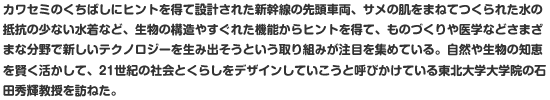 カワセミのくちばしにヒントを得て設計された新幹線の先頭車両、サメの肌をまねてつくられた水の抵抗の少ない水着など、生物の構造やすぐれた機能からヒントを得て、ものづくりや医学などさまざまな分野で新しいテクノロジーを生み出そうという取り組みが注目を集めている。自然や生物の知恵を賢く活かして、21世紀の社会とくらしをデザインしていこうと呼びかけている東北大学大学院の石田秀輝教授を訪ねた。