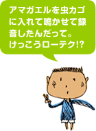 アマガエルを虫カゴに入れて鳴かせて録音したんだって。けっこうローテク!?