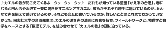 ♪カエルの歌が聞こえてくるよ　クヮ　クヮ　クヮ♪　だれもが知っている童謡「かえるの合唱」。春になると田んぼや水辺で一斉に鳴きだす二ホンアマガエル。彼らがそれぞれ勝手に鳴いているのか、みんなで声を揃えて鳴いているのか、それとも交互に鳴いているのか、詳しいことはこれまでわかっていなかった。同志社大学の合原先生は、カエルの鳴き声の法則に興味を持ち、フィールドワークと、物理学と数学をベースとする「数理モデル」を組み合わせて「カエルの歌」の謎に迫っている。